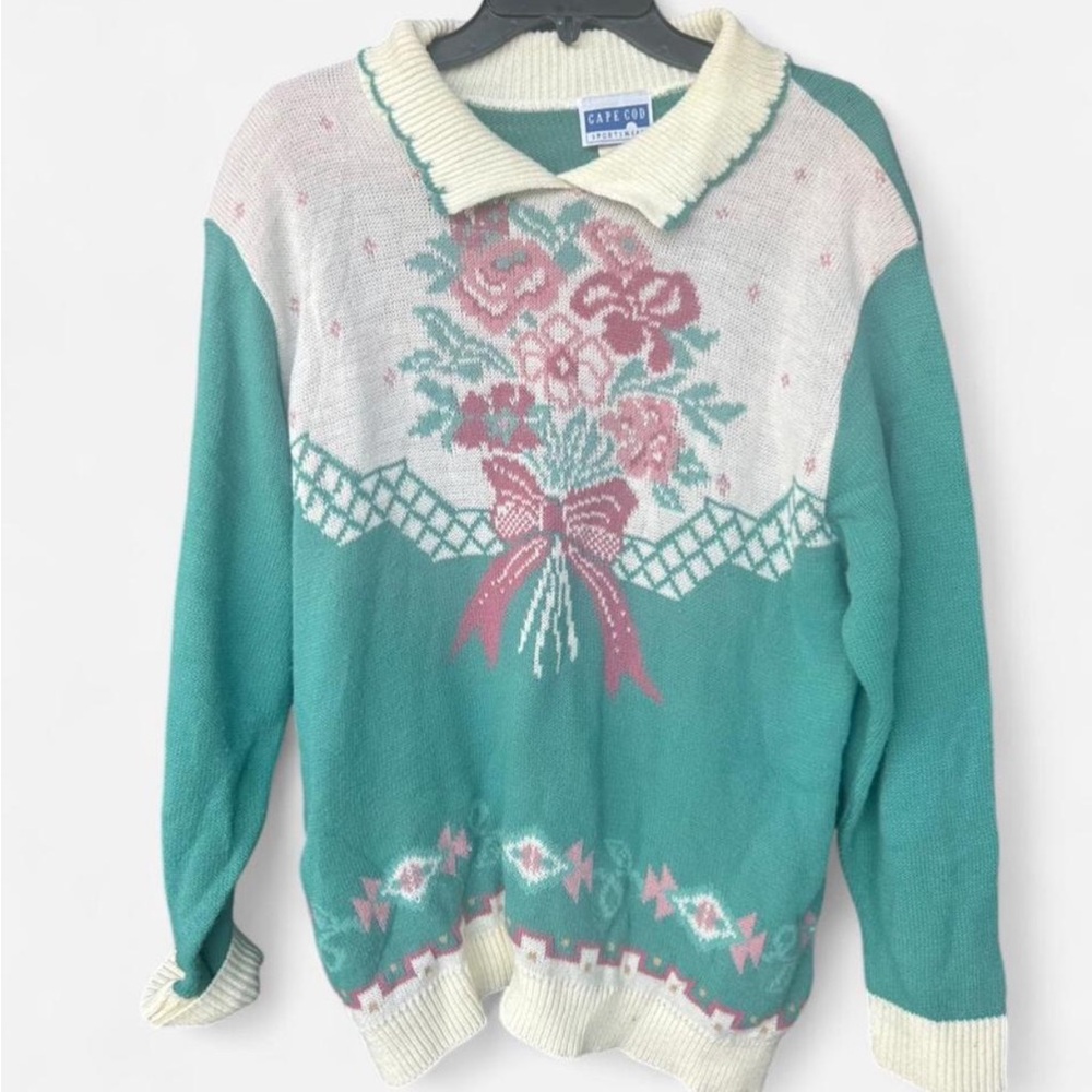 Floral Knit Sweater - Teal and Cream